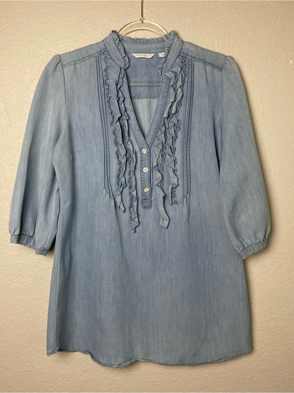 New York & Company Chambray Ruffle Button Peasant Blouse Tunic - Size S